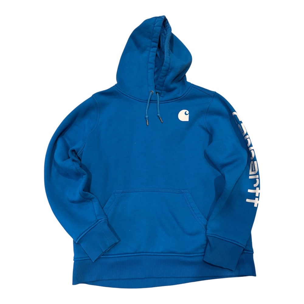 Carhartt Relaxed Fit Hoodie Blue Graphic Sleeve Logo Pullover Sweatshirt L 12-14